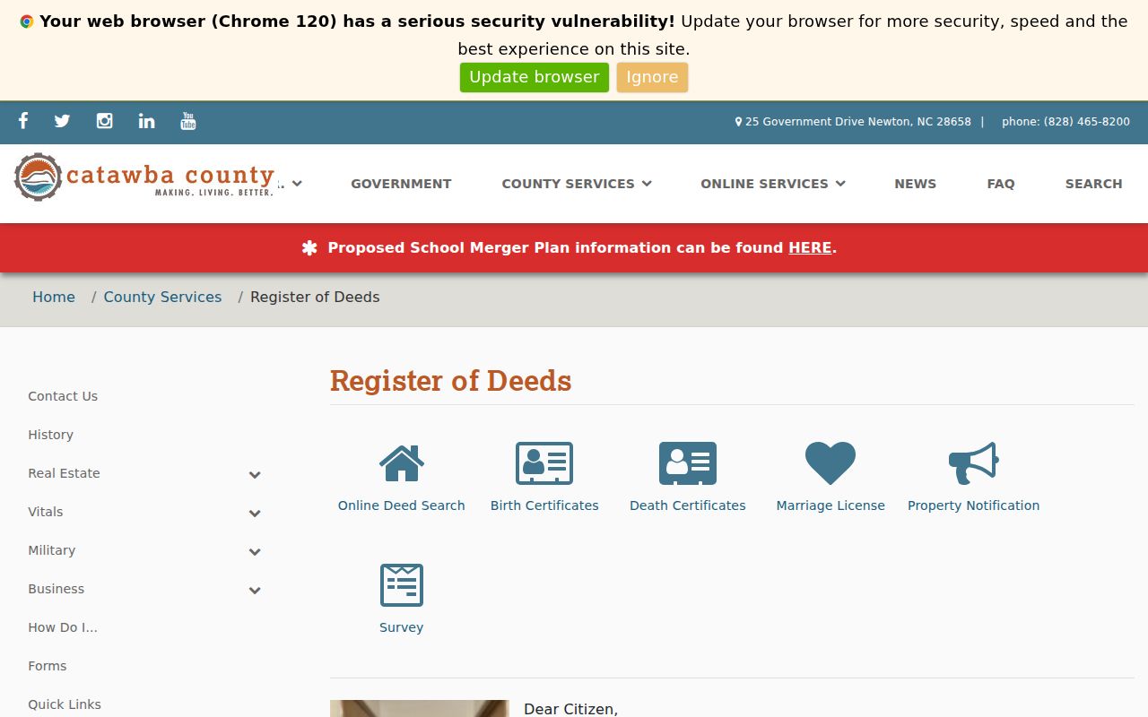 Hickory public records access on the Catawba County Register of Deeds page