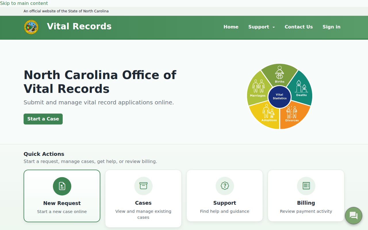 Hickory public records request options in the North Carolina Vital Records portal