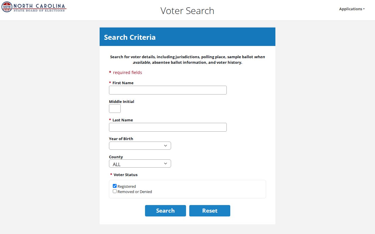 Hickory voter registration lookup form from the North Carolina State Board of Elections